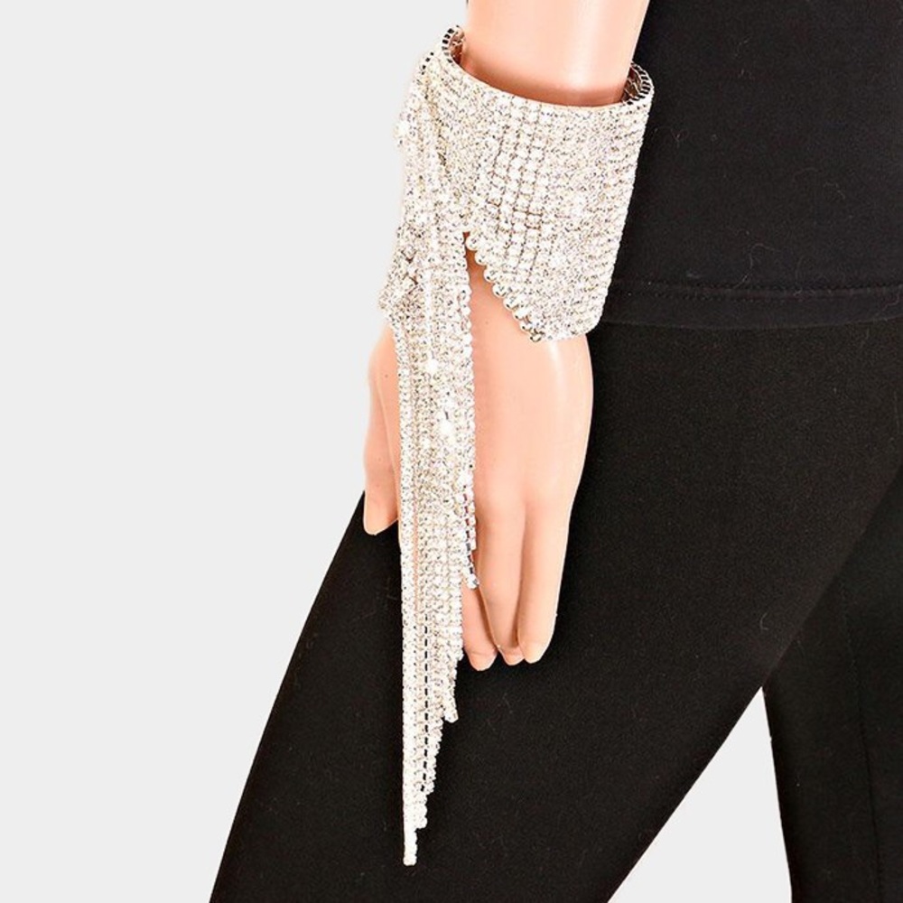 Silver Rhinestone Fringe Cuff Bracelet